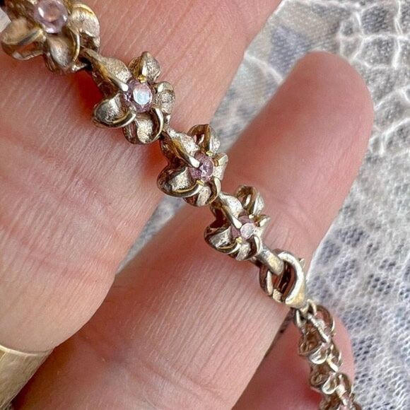 Vintage Solid Sterling & Pink Topaz Flower Bracelet/Anklet ~9.5” - Picture 3 of 10